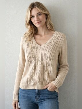 IZOD Golf Cable Knit Sweater Beige Womens size S 100% cotton -cabincore preppy